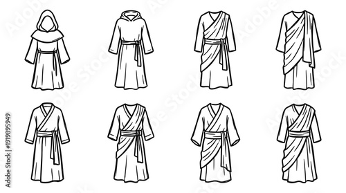 monk robe, bold style black Hand drawn set collection , white background , vector isolate