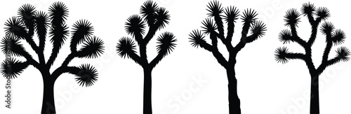 Joshua tree silhouette vector collection, desert cactus trees set, spiky arid botanical plants isolated black landscape illustration