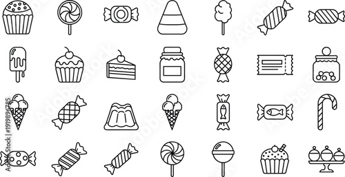 Professional vector icon set featuring minimalist line drawings of candies, lollipops, cupcakes, ice cream, and desserts for confectionery branding