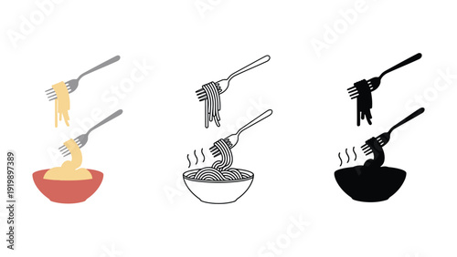 Fork icon set with pasta in a bowl illustrations