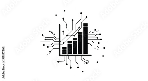 Digital data visualization with rising bar graph and circuit board elements
