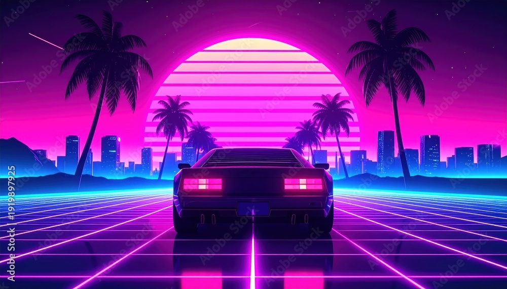 Fototapeta premium Retro Synthwave Car Driving into the Sunset with Palm Trees.