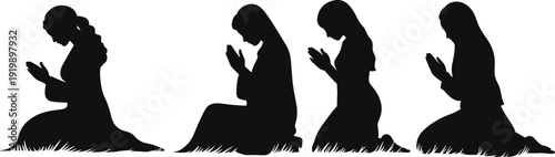 Muslim women praying silhouettes kneeling in dua, Islamic prayer concept isolated on white background, faith spirituality illustration