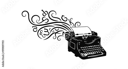 Vintage typewriter creating a whimsical flourish of letters and symbols.