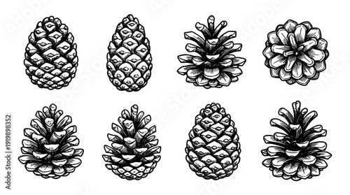 pine cone, bold style black Hand drawn set collection , white background , vector isolate