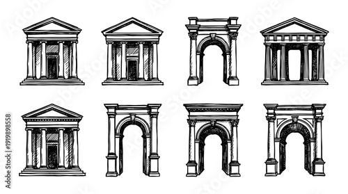 portico, bold style black Hand drawn set collection , white background , vector isolate