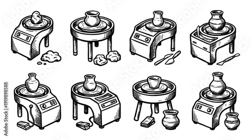 pottery wheel, bold style black Hand drawn set collection , white background , vector isolate