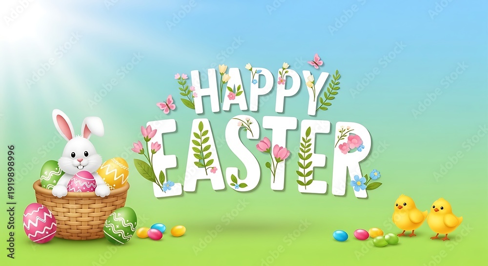Obraz premium Easter celebration with rabbit and chicks on green grass with eggs and flowers Happy Easter