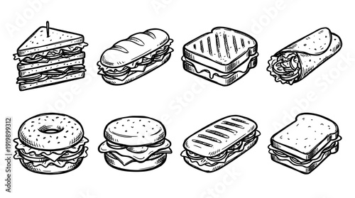 sandwich, bold style black Hand drawn set collection , white background , vector isolate