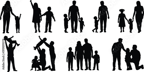 PrintSilhouette family icons, adults and children together, parent child 