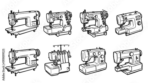 sewing machine industrial, bold style black Hand drawn set collection , white background , vector isolate