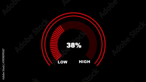 Glowing digital gauges move from high overload to safe low levels, presentation template, moving colorful needle, indicator, warning, risk assessment icon from 100 to 0. tension indicator icon. 