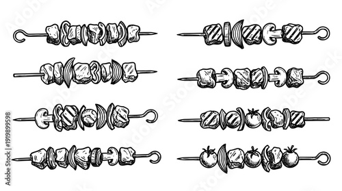 shish kebab, bold style black Hand drawn set collection , white background , vector isolate