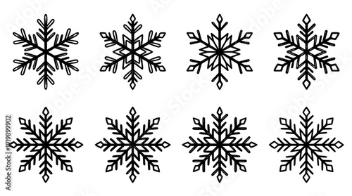 snowflake crystal, bold style black Hand drawn set collection , white background , vector isolate