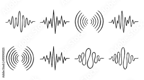 sound wave, bold style black Hand drawn set collection , white background , vector isolate