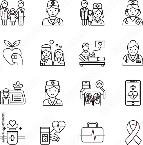 Colorful icons representing various healthcare professions and medical themes