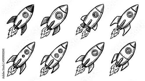 space rocket, bold style black Hand drawn set collection , white background , vector isolate