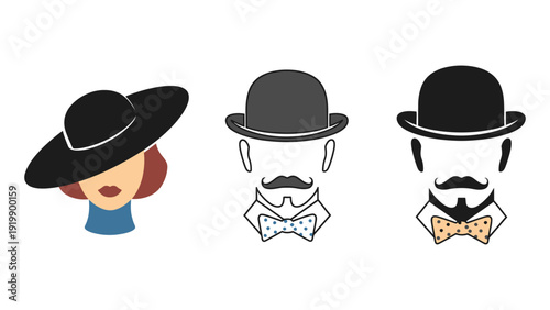A hat icon set featuring a woman and two men