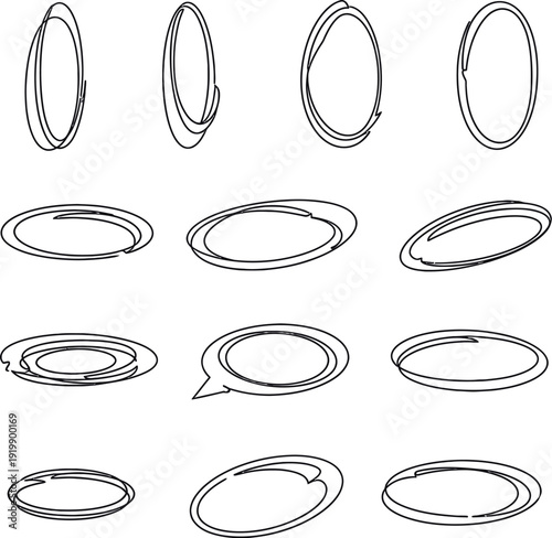 Collection of diverse abstract ring and torus geometric shapes with varying contours and lines