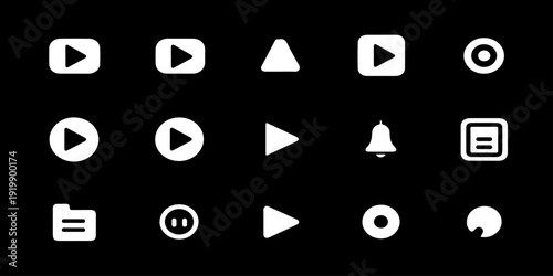 A collection of digital interface icons, including play buttons, notifications, and playback controls, designed for user navigation and interaction