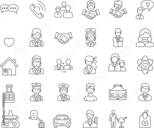 Collection of diverse icons depicting various professions and activities in a minimalist style
