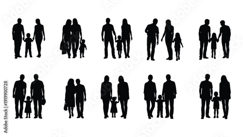 Silhouettes of diverse people in various poses and group formations. isolated on white background, Vector