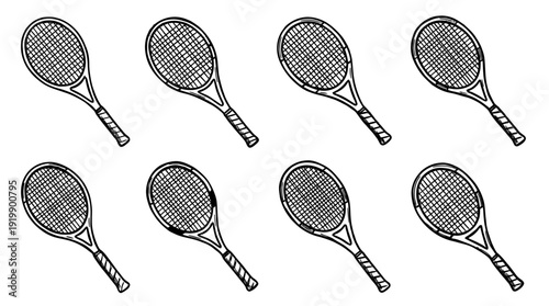 tennis racket, bold style black Hand drawn set collection , white background , vector isolate