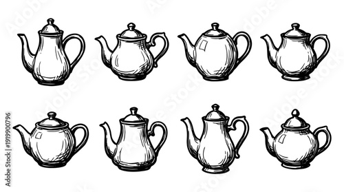 teapot, bold style black Hand drawn set collection , white background , vector isolate