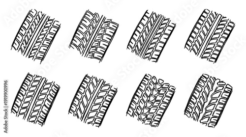 tire tread, bold style black Hand drawn set collection , white background , vector isolate