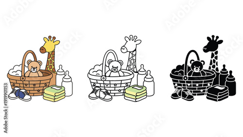 Baby bathtub vector illustration set with giraffe and teddy bear