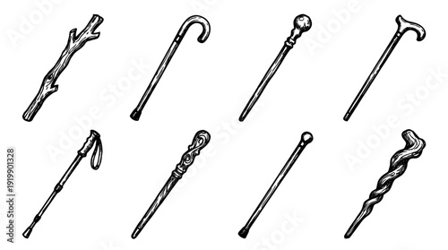 walking stick, bold style black Hand drawn set collection , white background , vector isolate
