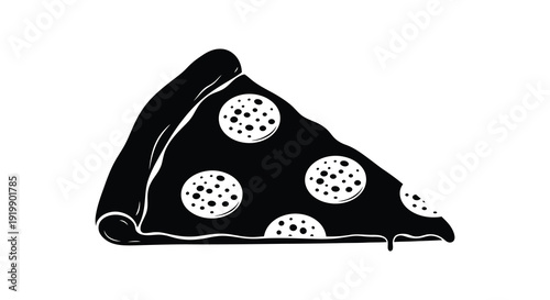 A simple black and white illustration depicts a single slice of pizza with visible pepperoni toppings high quality