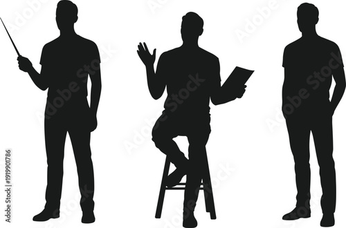 Silhouette people illustration, presenter with pointer stick, seated speaker explaining, relaxed standing pose, communication teaching concept art