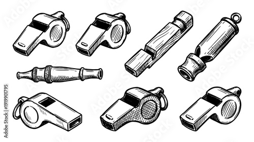 whistle, bold style black Hand drawn set collection , white background , vector isolate