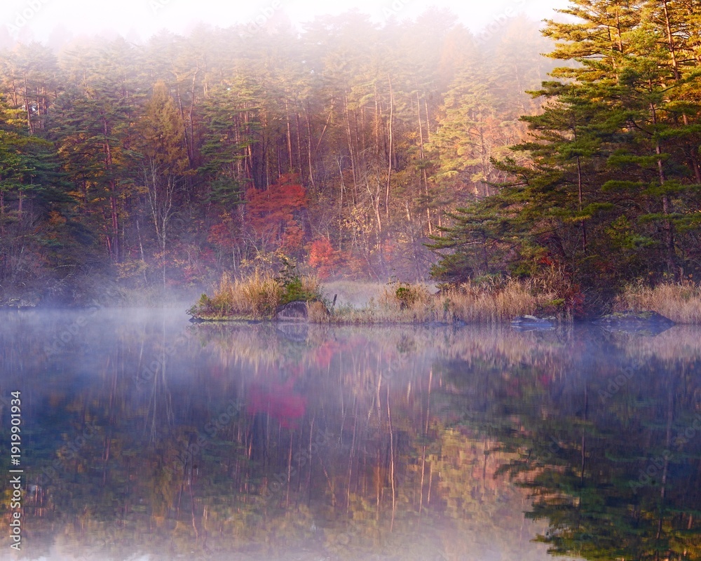 Fototapeta premium 福島県美しい毘沙門沼秋の風景
