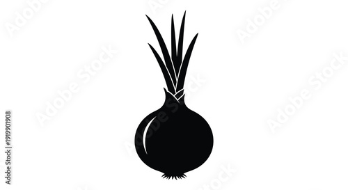 A minimalist black and white illustration depicts a single onion with long slender green leaf stalks high quality