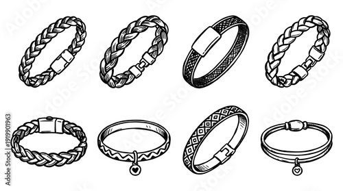 wristband, bold style black Hand drawn set collection , white background , vector isolate