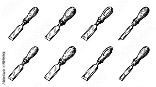 woodworking chisel, bold style black Hand drawn set collection , white background , vector isolate