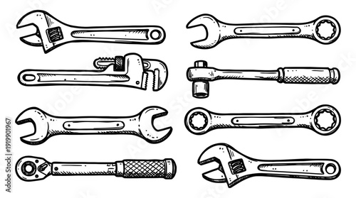 wrench, bold style black Hand drawn set collection , white background , vector isolate