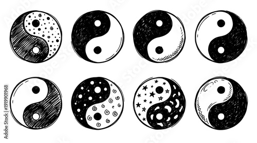 yin yang, bold style black Hand drawn set collection , white background , vector isolate