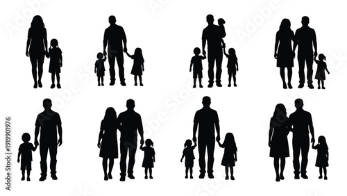 Silhouettes of diverse family groups standing together in unity and support isolated on white background, Vector