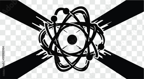 Abstract atomic structure symbol with radiating lines on a checkered background