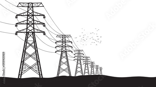 High Voltage Power Transmission Towers Silhouette Landscape with Electric Lines Energy Infrastructure Vector Illustration Isolated on White Background