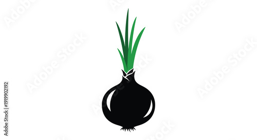 A stylized illustration depicts a black onion with vibrant green shoots growing upwards creating a simple graphic