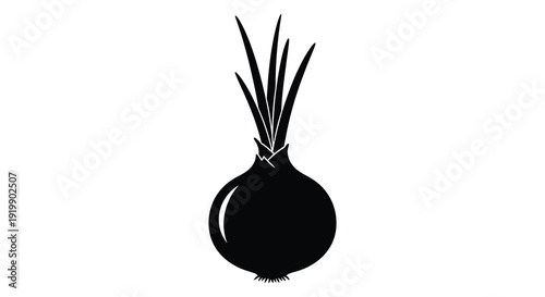 A stark black and white illustration depicts a single onion showcasing its bulbous shape and slender green stalks high quality