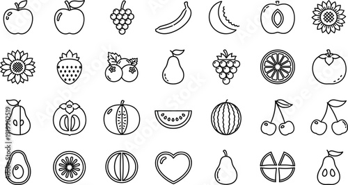 Professional vector icon set featuring minimalist line drawings of various fruits including apples, grapes, bananas, watermelons, and citrus for healthy food branding