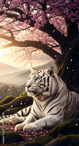 Majestic white tiger rests beneath blossoming cherry tree during golden hour