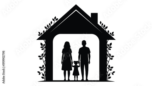 A silhouette of a family standing in front of a house with plants on the sides. isolated on white background, Vector