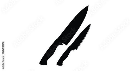 A stark silhouette depicts two knives a larger chef s knife and a smaller paring knife angled diagonally