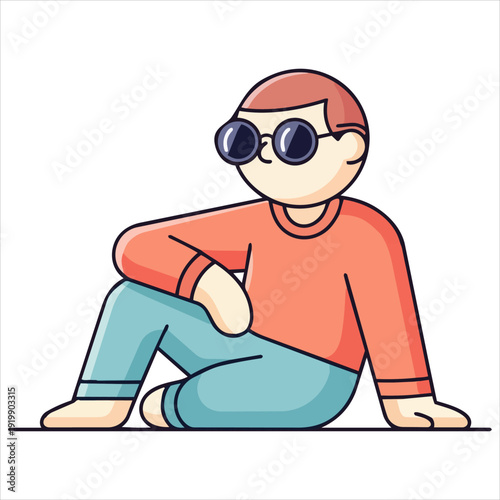 A young person sitting on the floor with sunglasses and casual clothing, viewed from the side with a relaxed posture